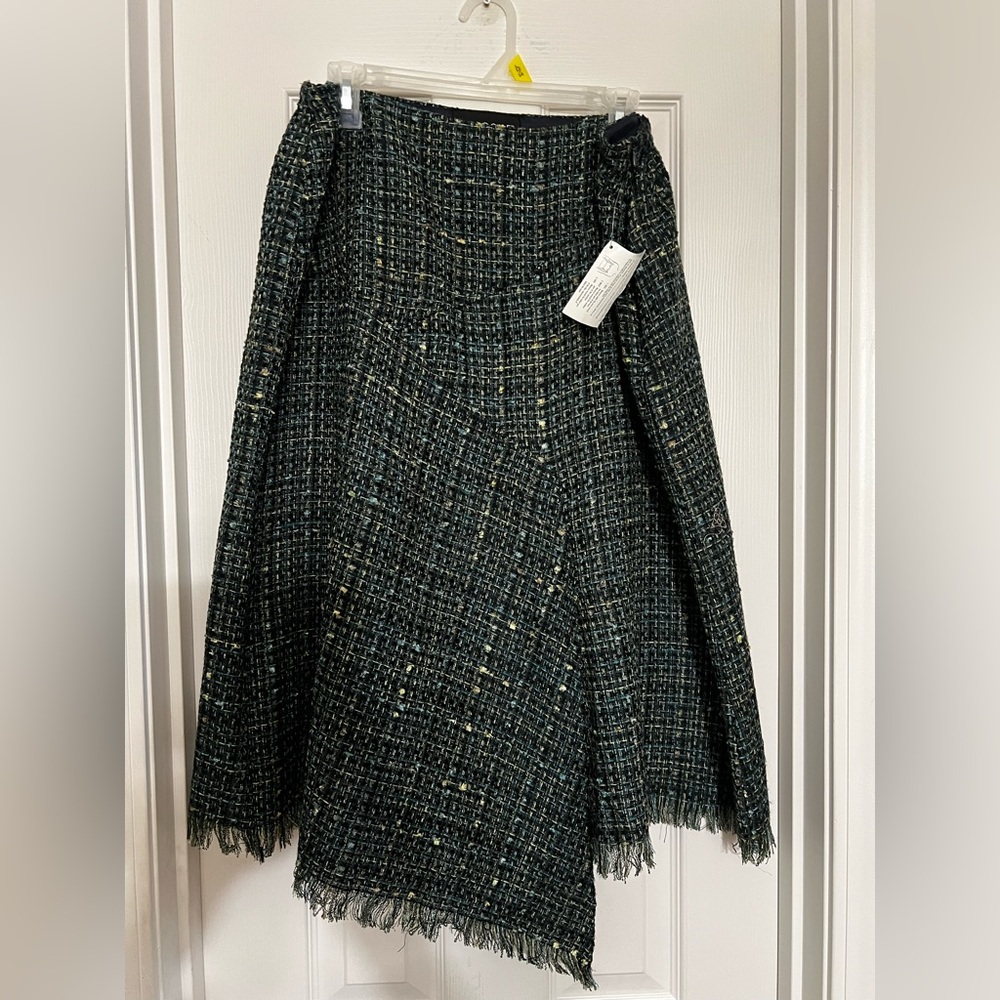 Navy, Green & Yellow Metallic Classic Tweed Asymmetrical Frayed Edge Skirt.